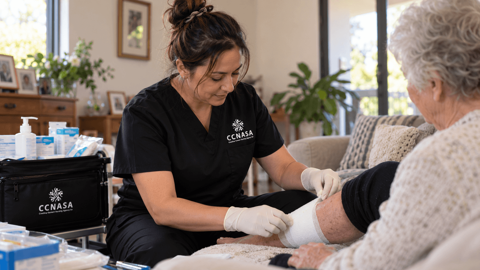 CCNASA nurse providing compassionate wound care in a client's home in Adelaide