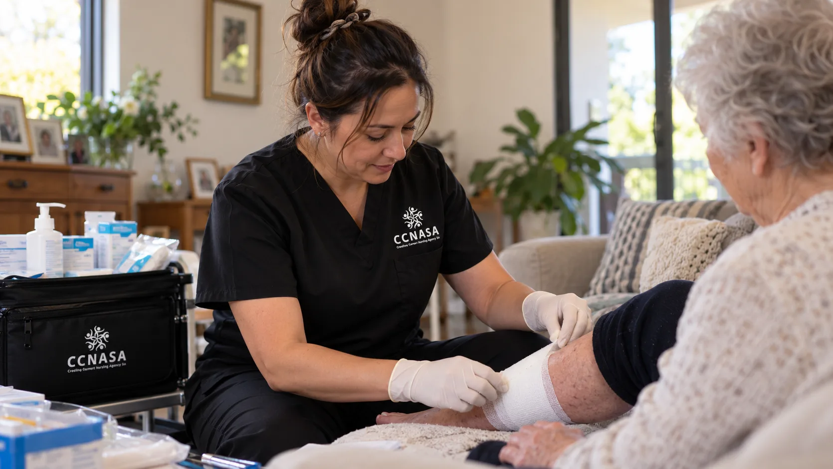 CCNASA nurse providing compassionate wound care in a client's home in Adelaide