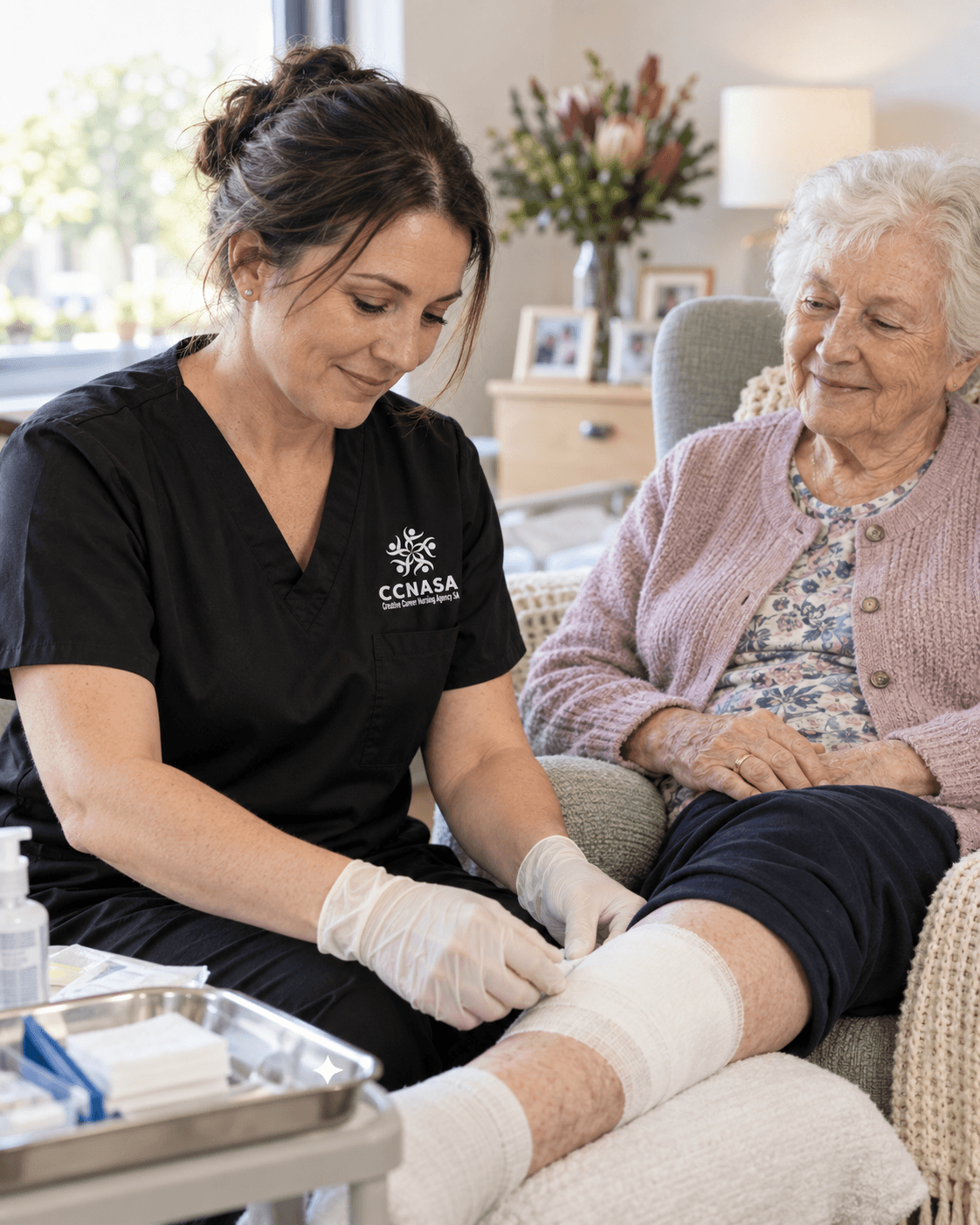CCNASA wound care nurse supporting an aged care resident in Adelaide