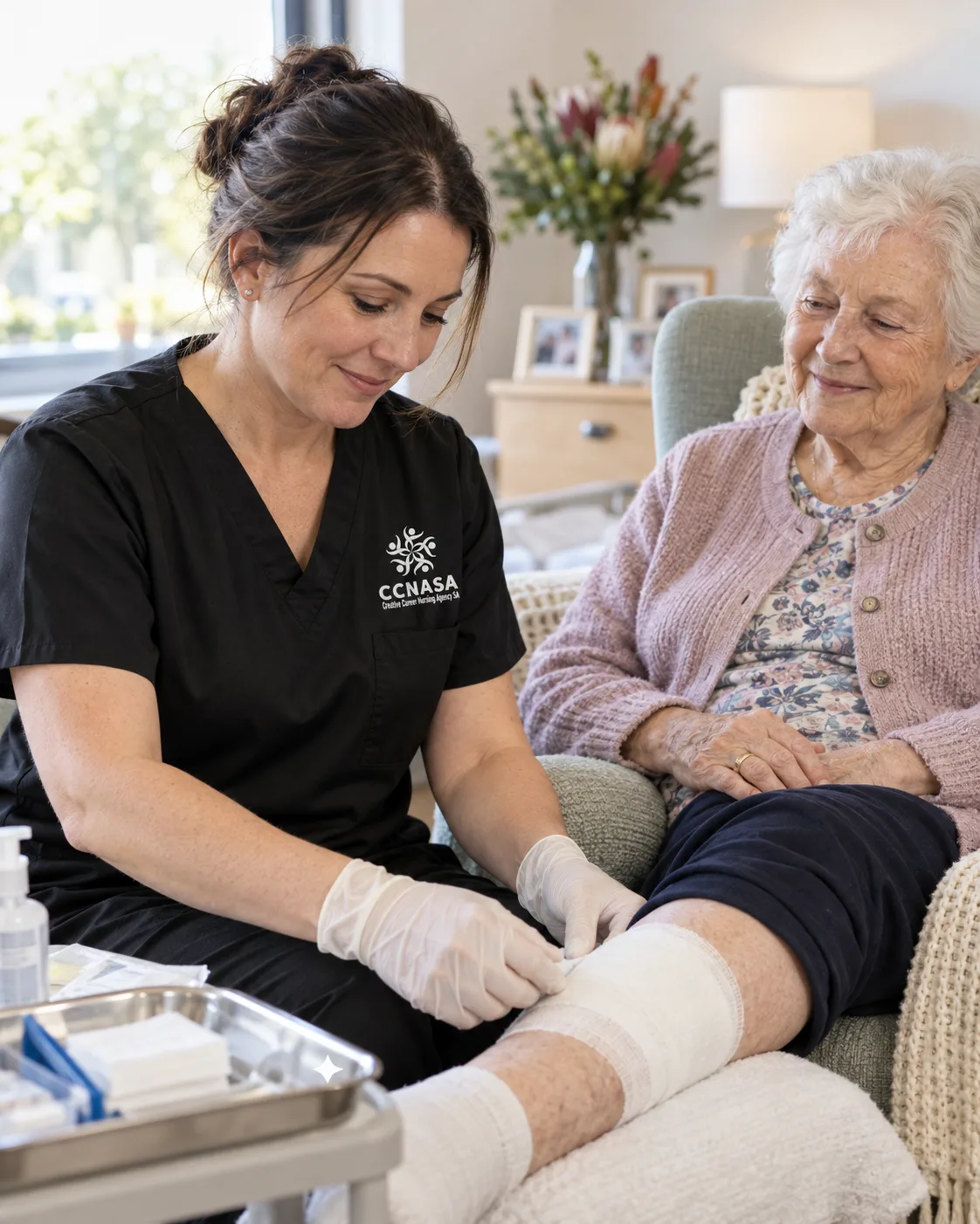 CCNASA wound care nurse supporting an aged care resident in Adelaide